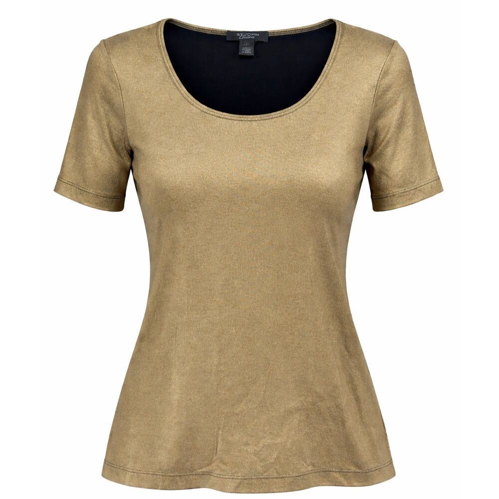 St. John Couture Metallic Gold Scoop Neck Blouse Top - Size Small Short Sleeve